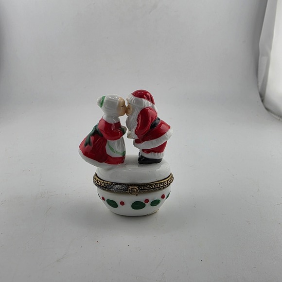 Vintage Santa & Mrs Claus Trinket Box  Kissing Hinged  Christmas Ceramic - Picture 1 of 3
